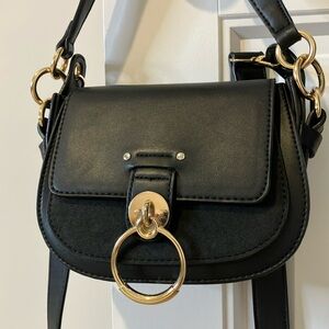 Black Saddle Crossbody Bag with Gold Ring Accent